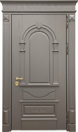 Металлическая утепленная термодверь с карнизом и плитами МДФ с багетной раскладкой