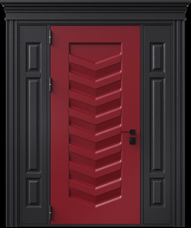 Входная термодверь с металлофиленкой, вставками по бокам, карнизом и двухцветным порошковым покрытием RAL 3004 и RAL 9004 (тип №1)