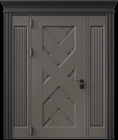 Входная термодверь с металлофиленкой, вставками по бокам, карнизом и порошковым напылением RAL 7022 (тип №2)